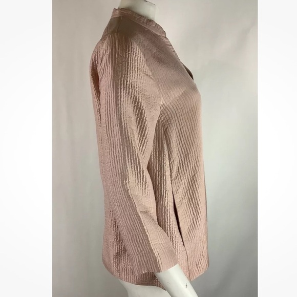 Eileen Fisher Sz XS Crepe Satin Silk Ribbed Button Cardigan Pink Mock Neck - Picture 5 of 9